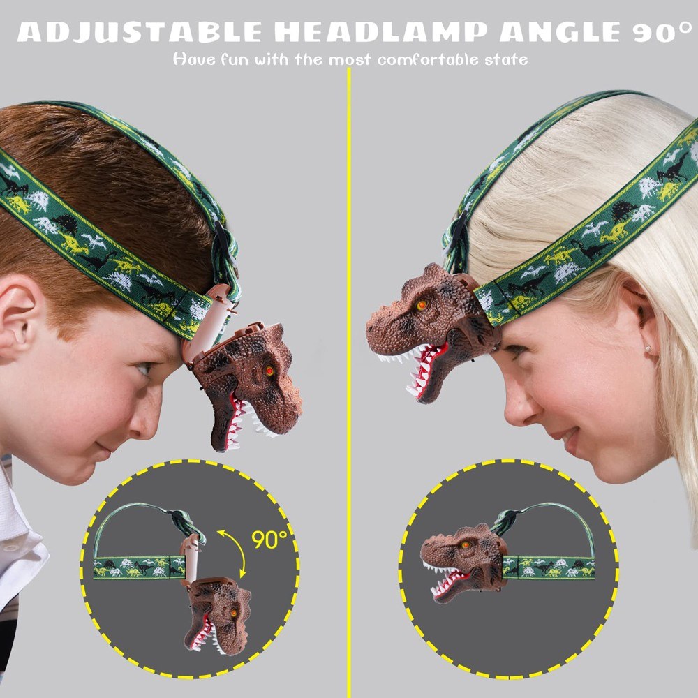 Dinosaur LED Headlamp for Kids & Adults with USB Rechargeable Adjustable Headband - Fun Toy Headlight Gift for Boys & Girls