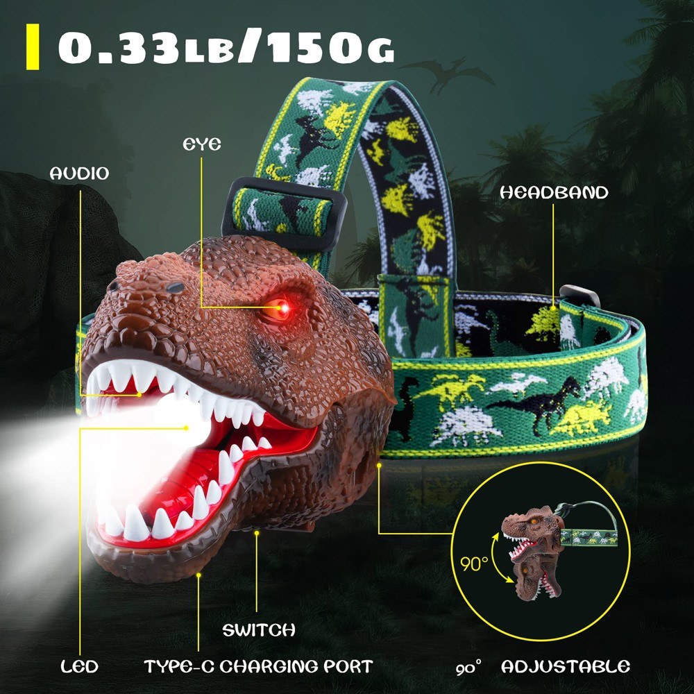Dinosaur LED Headlamp for Kids & Adults with USB Rechargeable Adjustable Headband - Fun Toy Headlight Gift for Boys & Girls
