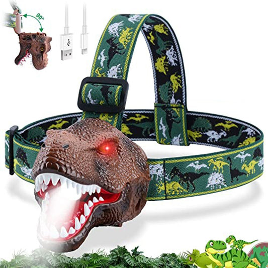 Dinosaur LED Headlamp for Kids & Adults with USB Rechargeable Adjustable Headband - Fun Toy Headlight Gift for Boys & Girls