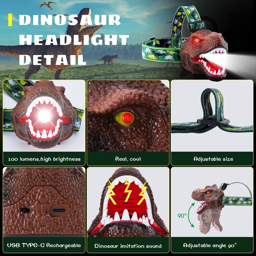 Dinosaur LED Headlamp for Kids & Adults with USB Rechargeable Adjustable Headband - Fun Toy Headlight Gift for Boys & Girls