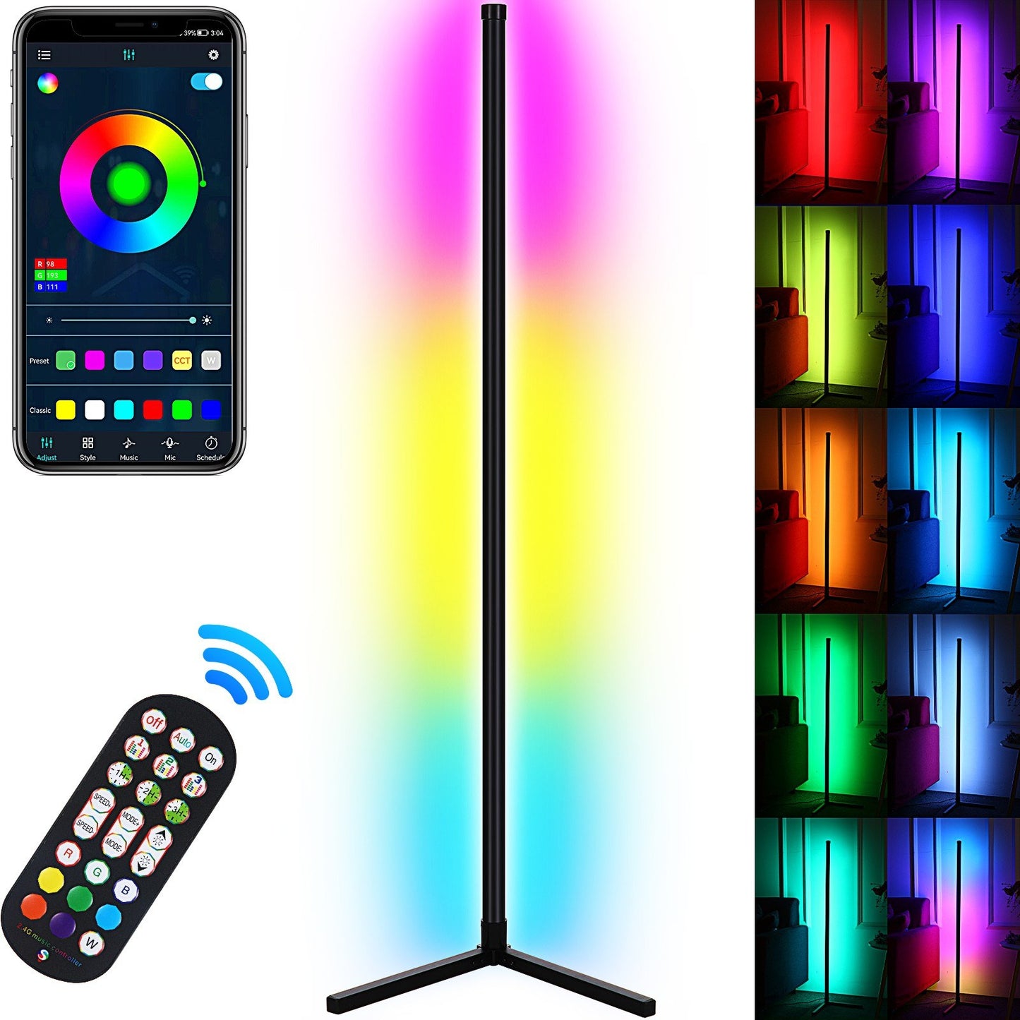 Neoglint Smart RGB LED Corner Floor Lamp with Music Sync, APP & Remote Control, USB Plug & Play