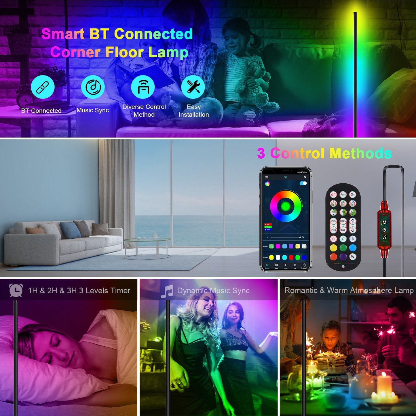 Neoglint Smart RGB LED Corner Floor Lamp with Music Sync, APP & Remote Control, USB Plug & Play