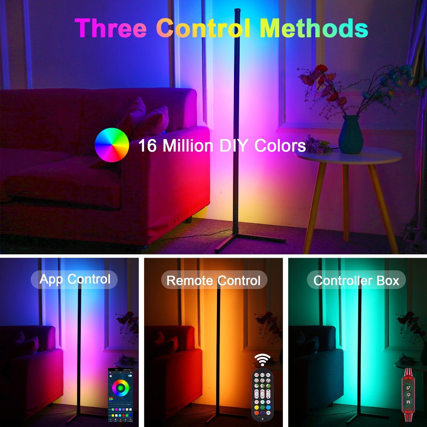 Neoglint Smart RGB LED Corner Floor Lamp with Music Sync, APP & Remote Control, USB Plug & Play