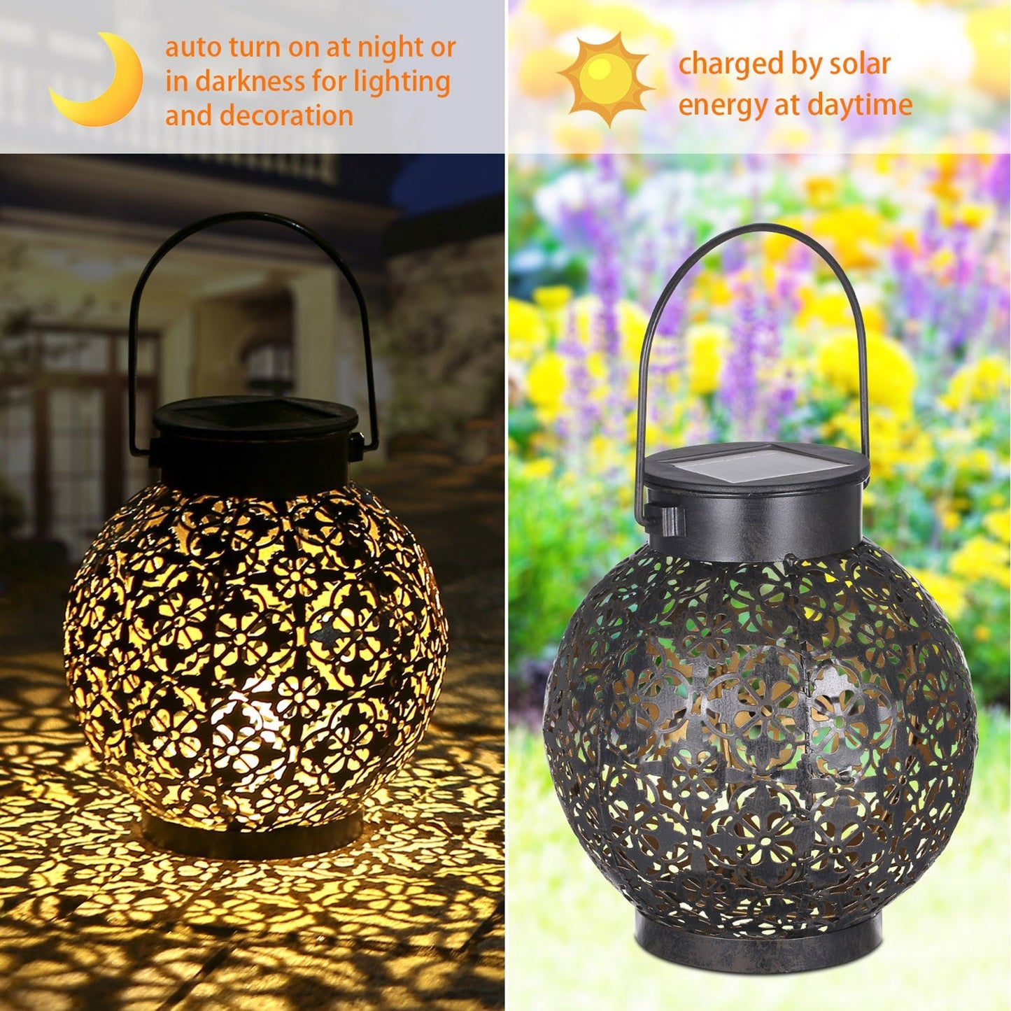 Tomshine Solar Lantern LED Light, Decorative Metal Hanging with Hollowed Design, Auto On/Off, IP44 Waterproof, for Patio, Courtyard, Balcony, Garden