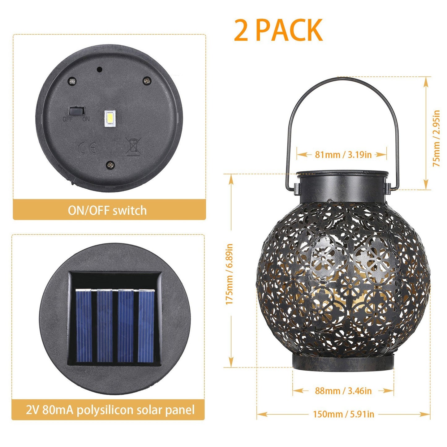 Tomshine Solar Lantern LED Light, Decorative Metal Hanging with Hollowed Design, Auto On/Off, IP44 Waterproof, for Patio, Courtyard, Balcony, Garden