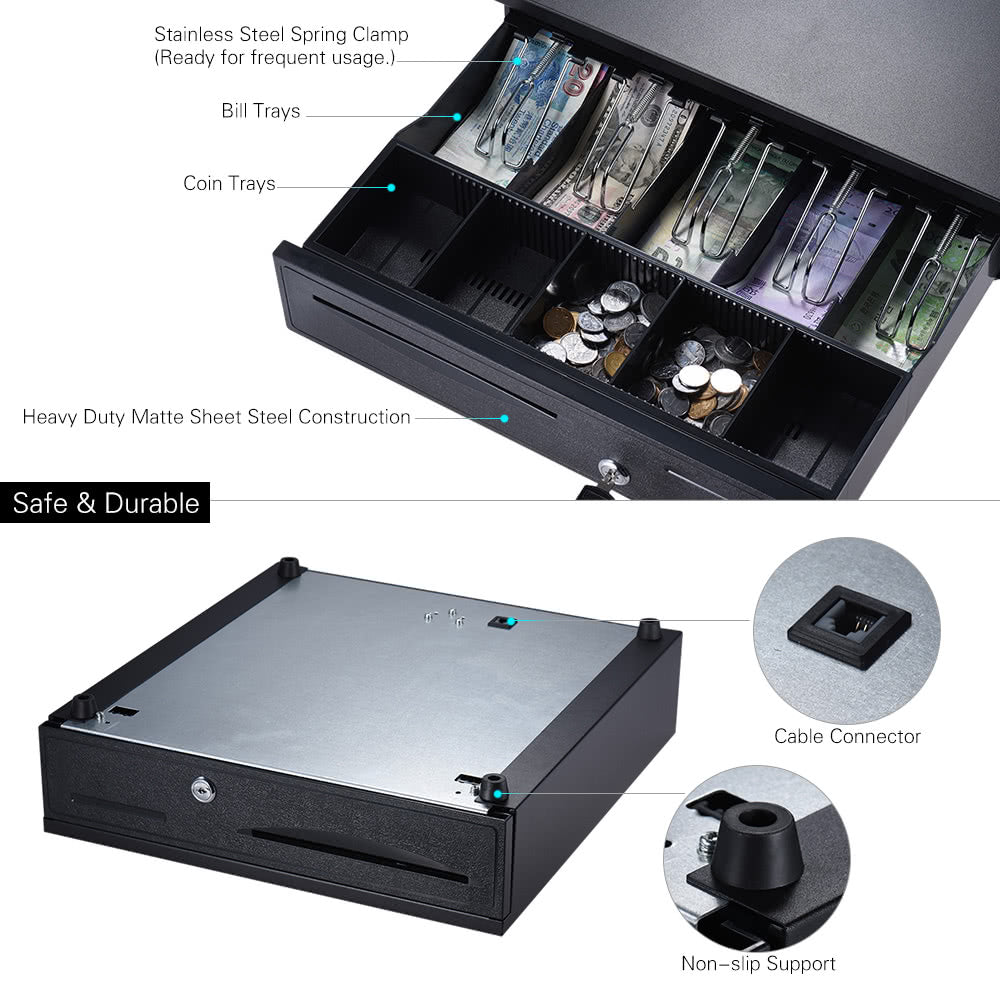 Electronic Heavy Duty Cash Drawer with 5 Bill & 5 Coin Trays Plus Check Entry