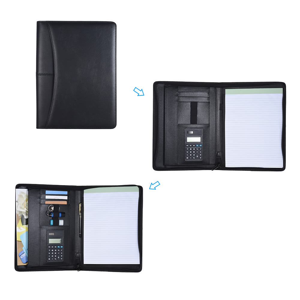 Professional A4 PU Leather Padfolio with Zipper, Calculator, Card Holder, and Notepad