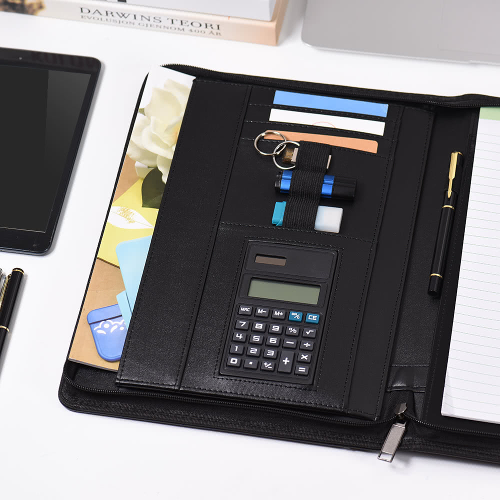 Professional A4 PU Leather Padfolio with Zipper, Calculator, Card Holder, and Notepad