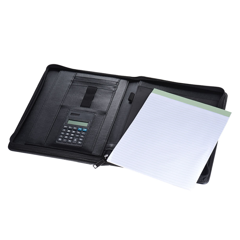 Professional A4 PU Leather Padfolio with Zipper, Calculator, Card Holder, and Notepad
