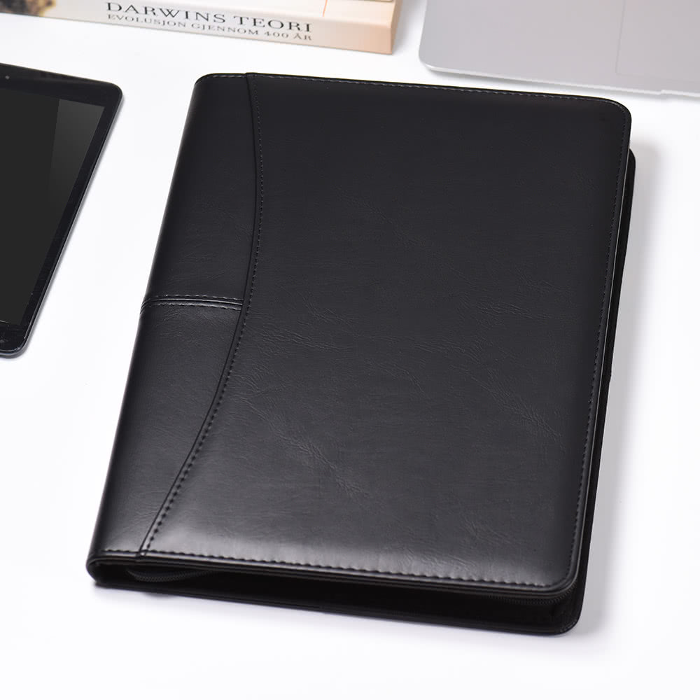 Professional A4 PU Leather Padfolio with Zipper, Calculator, Card Holder, and Notepad
