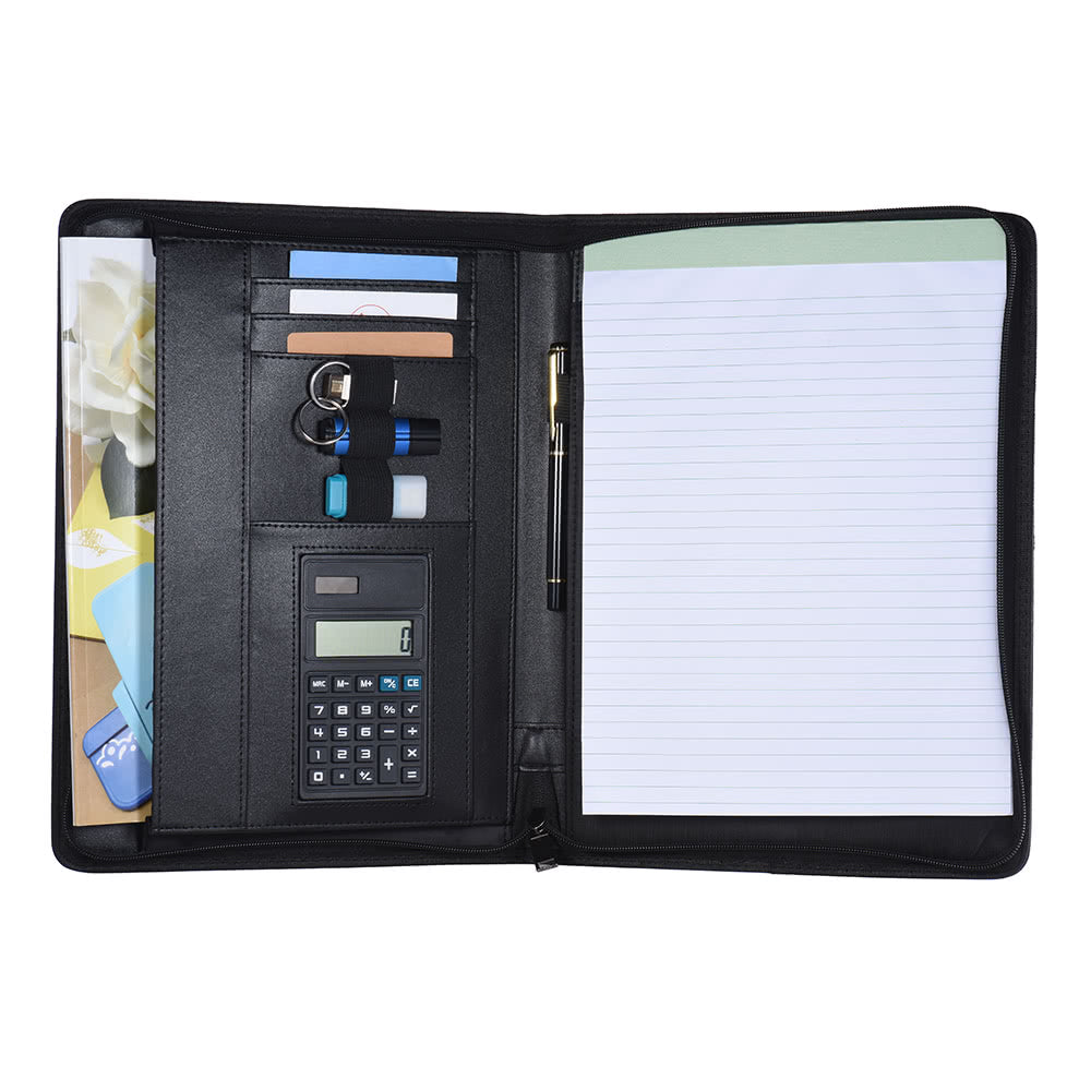 Professional A4 PU Leather Padfolio with Zipper, Calculator, Card Holder, and Notepad