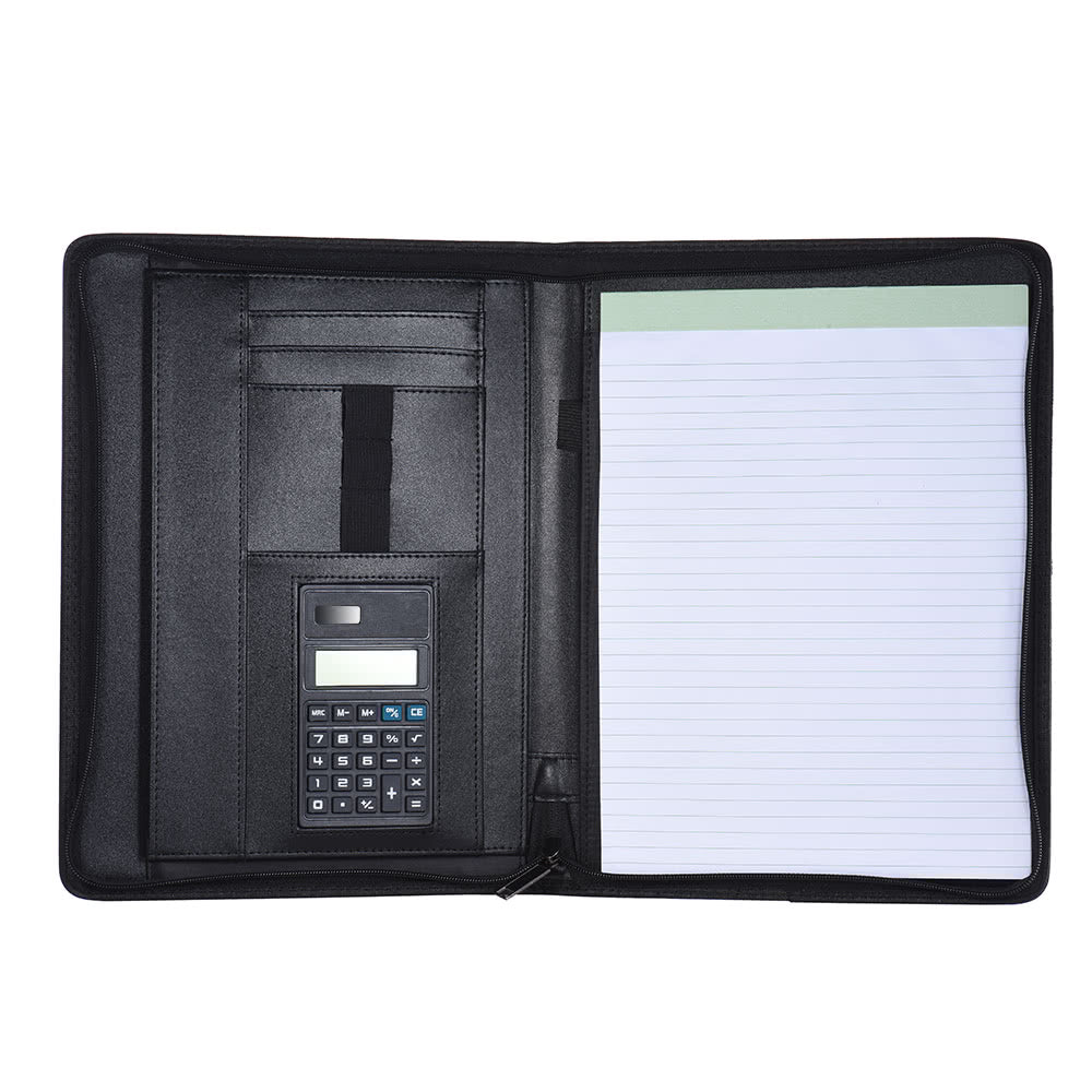 Professional A4 PU Leather Padfolio with Zipper, Calculator, Card Holder, and Notepad
