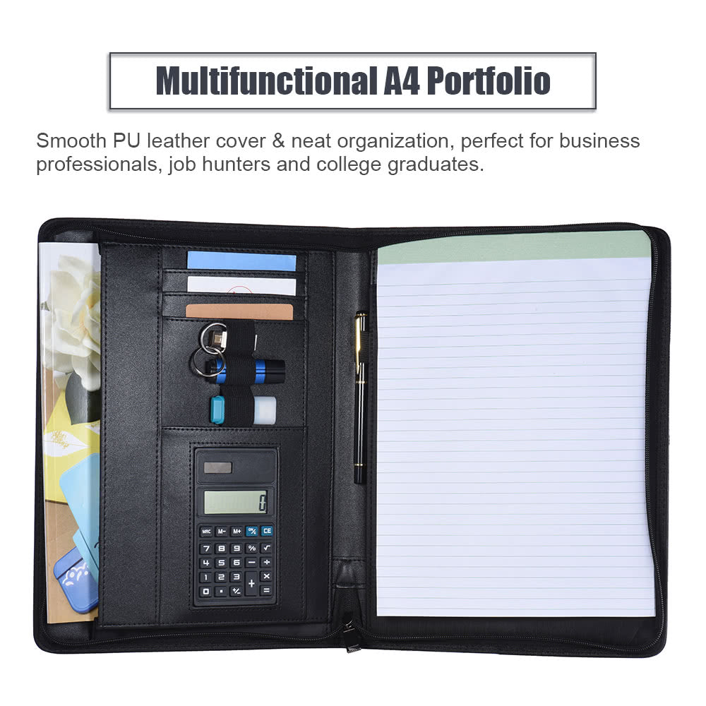 Professional A4 PU Leather Padfolio with Zipper, Calculator, Card Holder, and Notepad