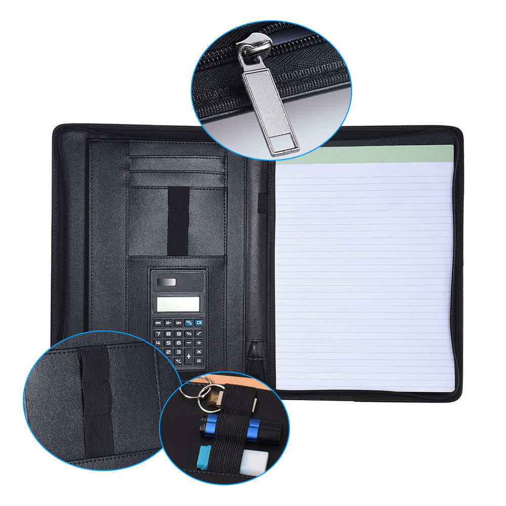 Professional A4 PU Leather Padfolio with Zipper, Calculator, Card Holder, and Notepad