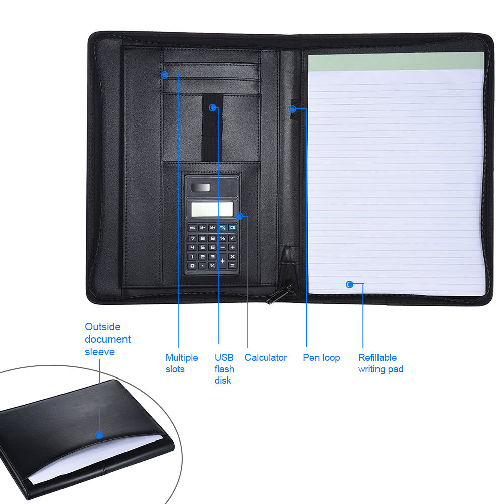 Professional A4 PU Leather Padfolio with Zipper, Calculator, Card Holder, and Notepad