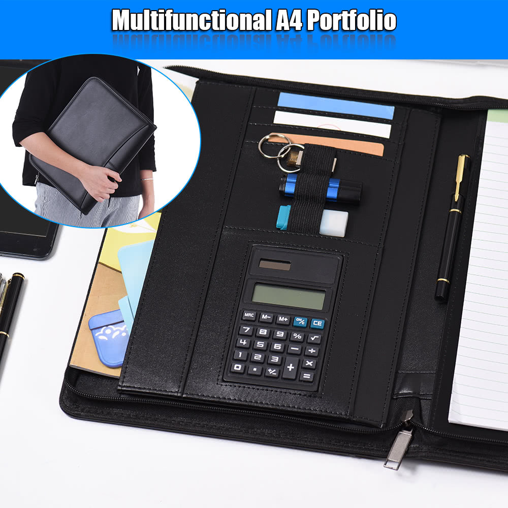 Professional A4 PU Leather Padfolio with Zipper, Calculator, Card Holder, and Notepad