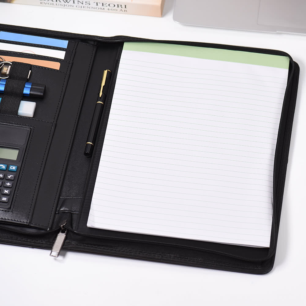 Professional A4 PU Leather Padfolio with Zipper, Calculator, Card Holder, and Notepad