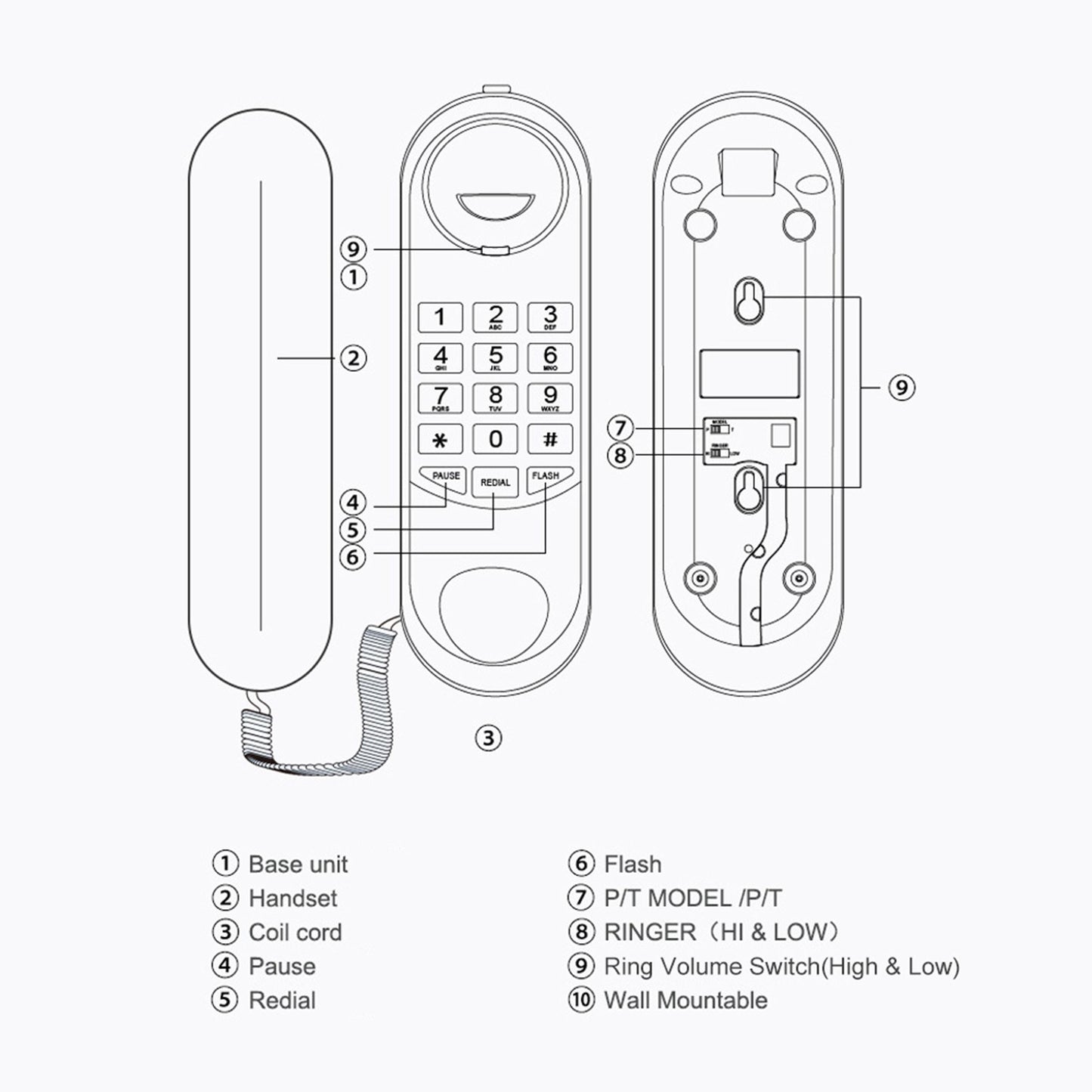 Wall Mountable Corded Handset Telephone