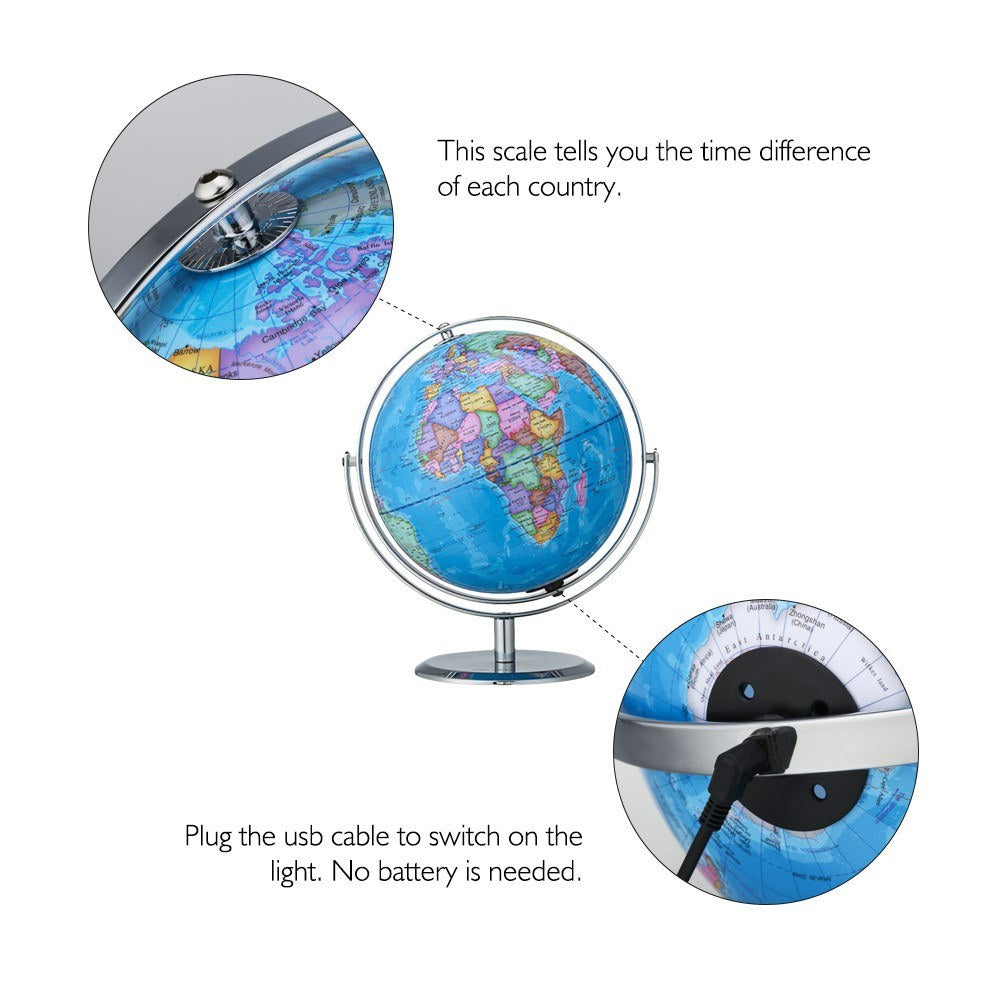 9-inch USB Illuminated World Globe - Dipper G901-LA-C with Night View & Constellations, Educational Geography Tool & Kids Gift