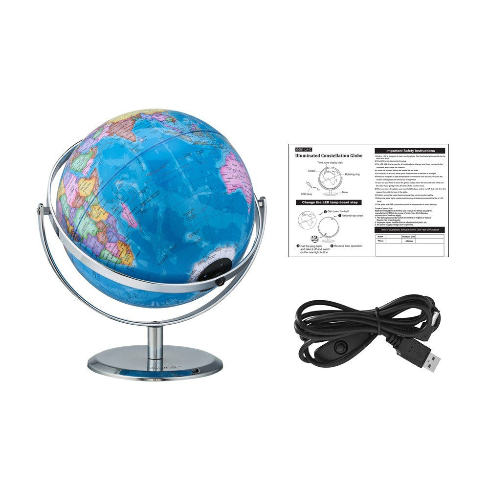 9-inch USB Illuminated World Globe - Dipper G901-LA-C with Night View & Constellations, Educational Geography Tool & Kids Gift