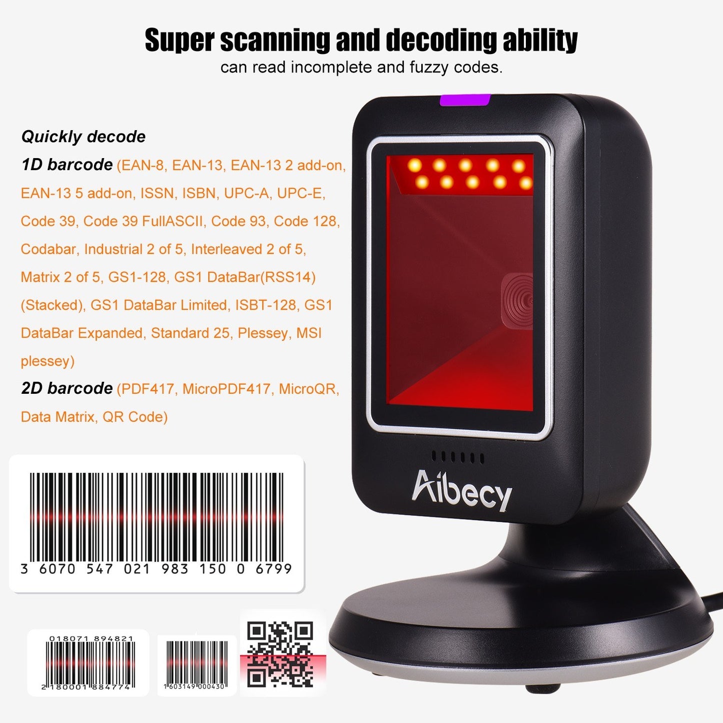 Aibecy MP6300Y Omnidirectional 1D/2D/QR Barcode Scanner, USB Wired, Hands-Free CMOS Image Reader for Retail & Hospital
