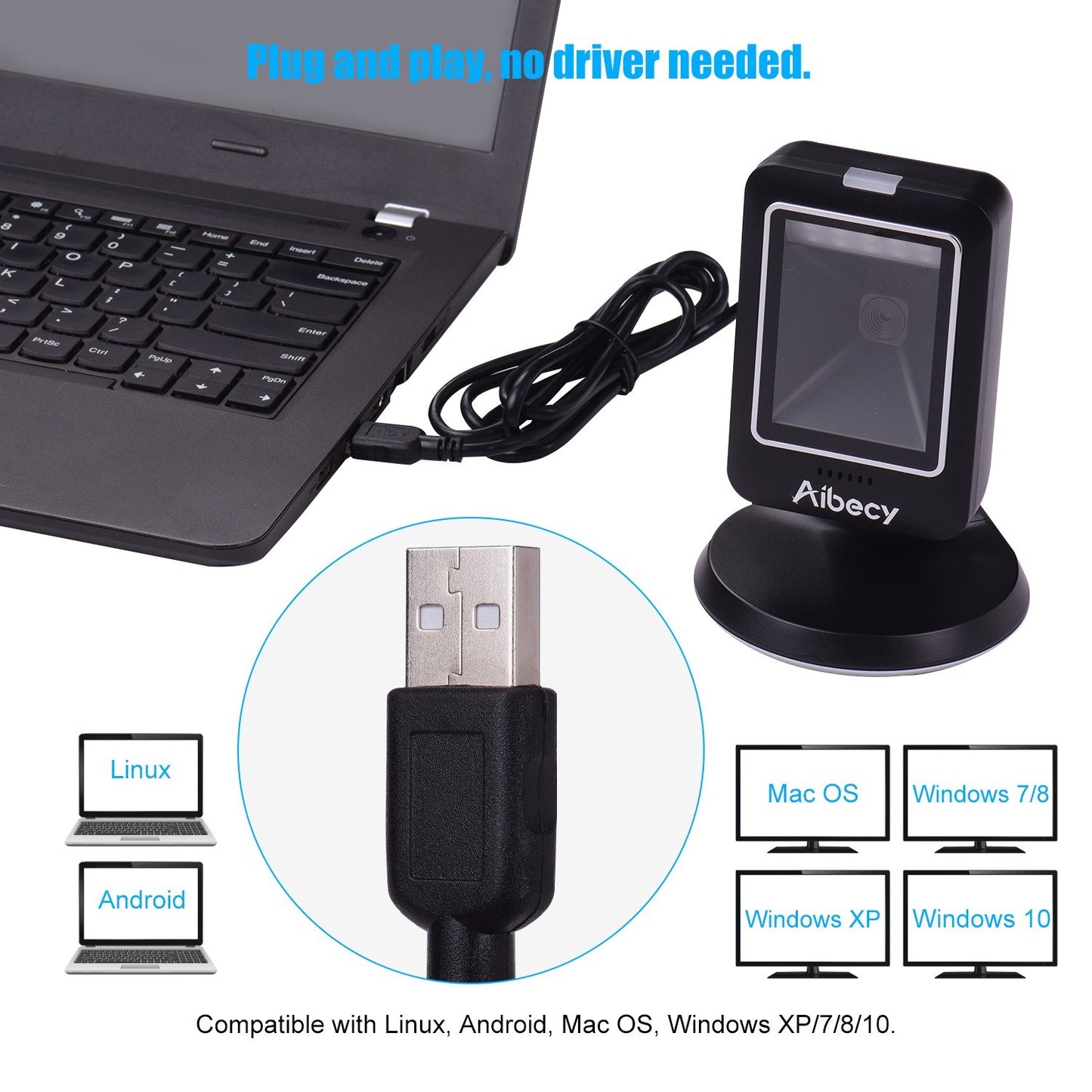 Aibecy MP6300Y Omnidirectional 1D/2D/QR Barcode Scanner, USB Wired, Hands-Free CMOS Image Reader for Retail & Hospital