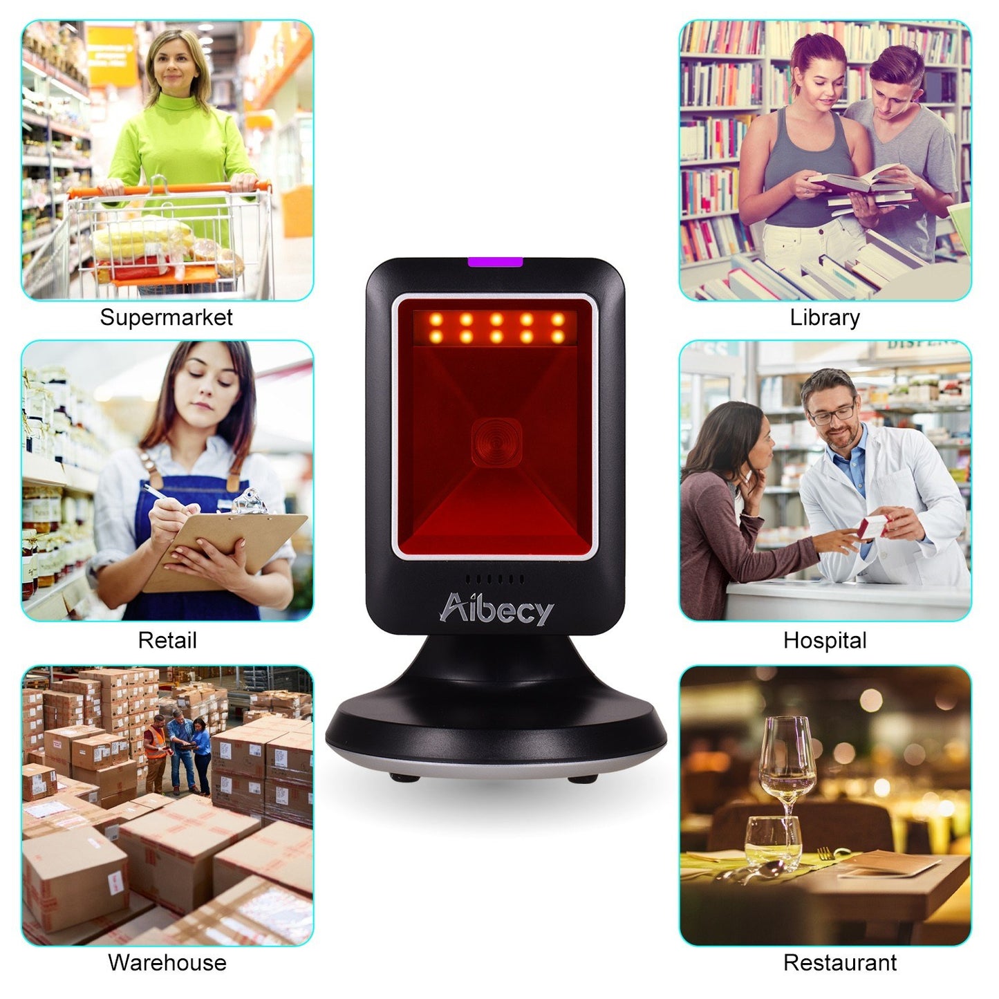 Aibecy MP6300Y Omnidirectional 1D/2D/QR Barcode Scanner, USB Wired, Hands-Free CMOS Image Reader for Retail & Hospital