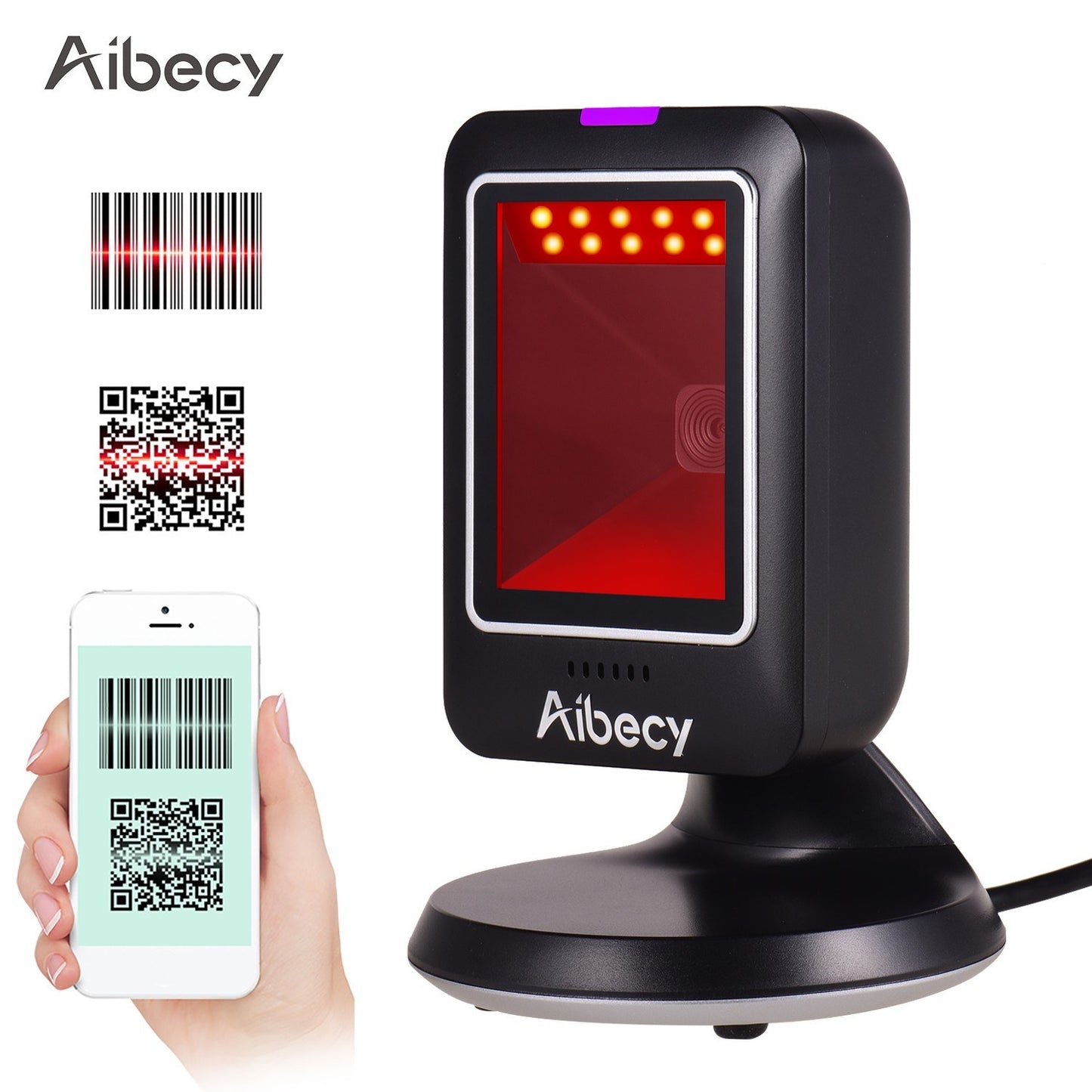 Aibecy MP6300Y Omnidirectional 1D/2D/QR Barcode Scanner, USB Wired, Hands-Free CMOS Image Reader for Retail & Hospital