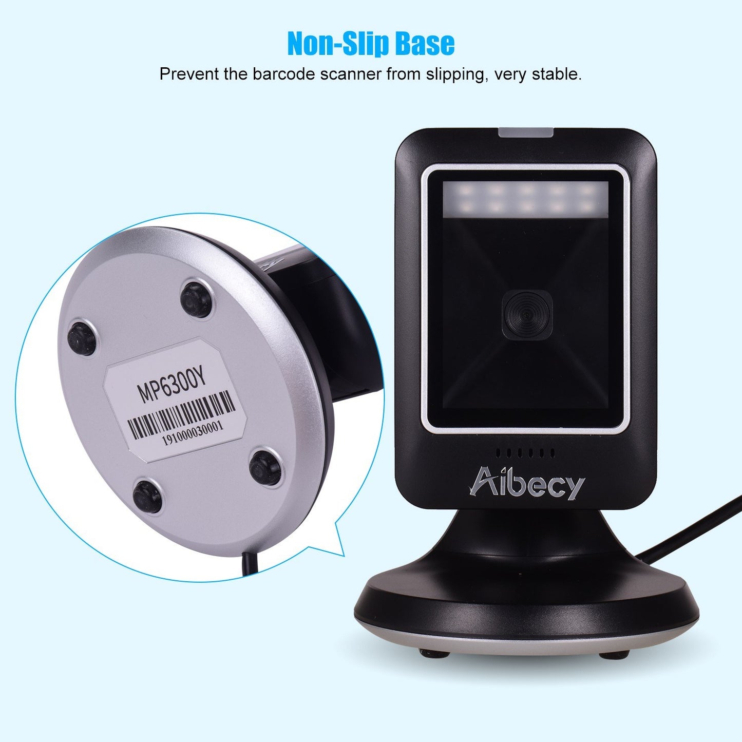 Aibecy MP6300Y Omnidirectional 1D/2D/QR Barcode Scanner, USB Wired, Hands-Free CMOS Image Reader for Retail & Hospital