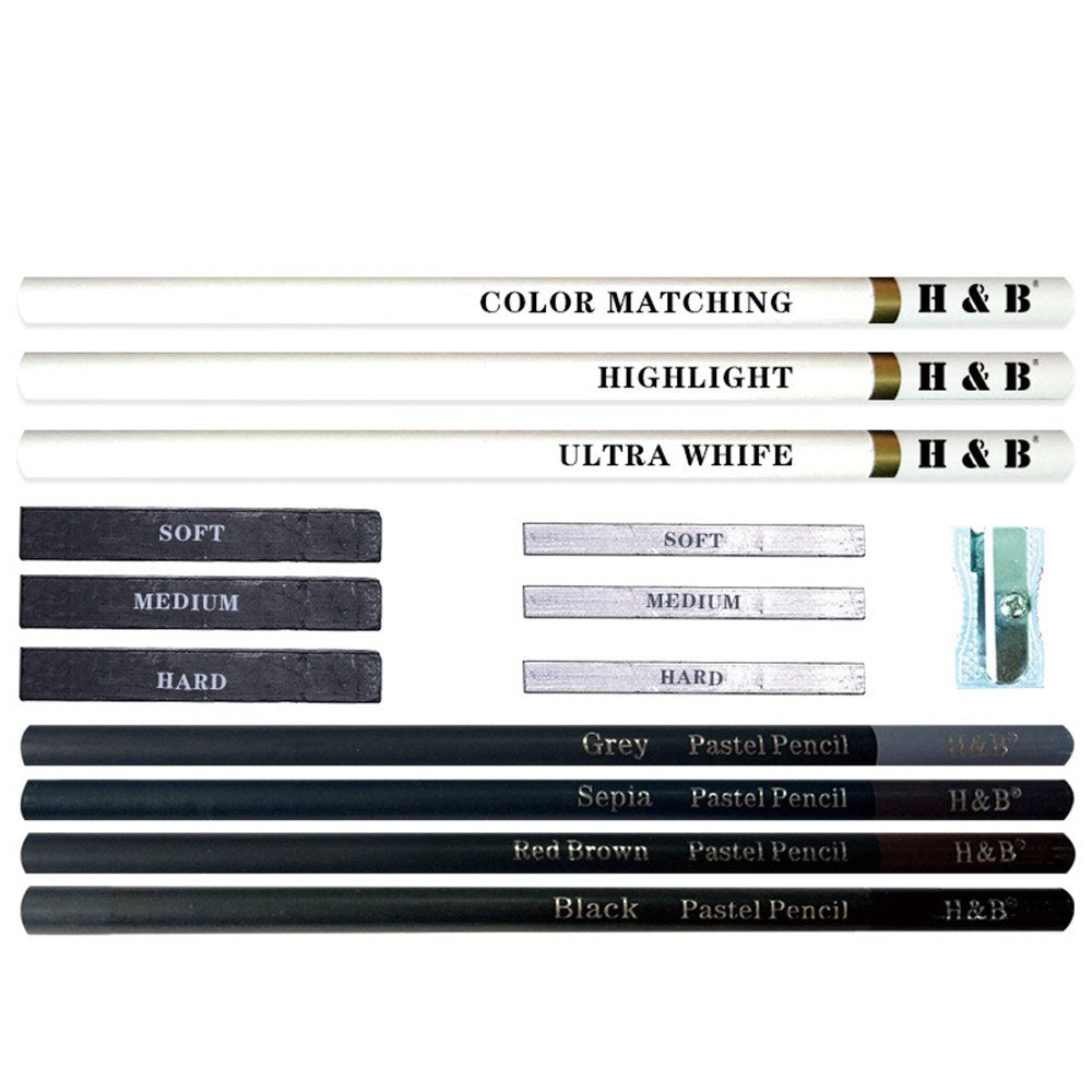 H&B 15-Piece Art Drawing Kit: White Charcoal & Pastel Pencil Set with Painting Tools