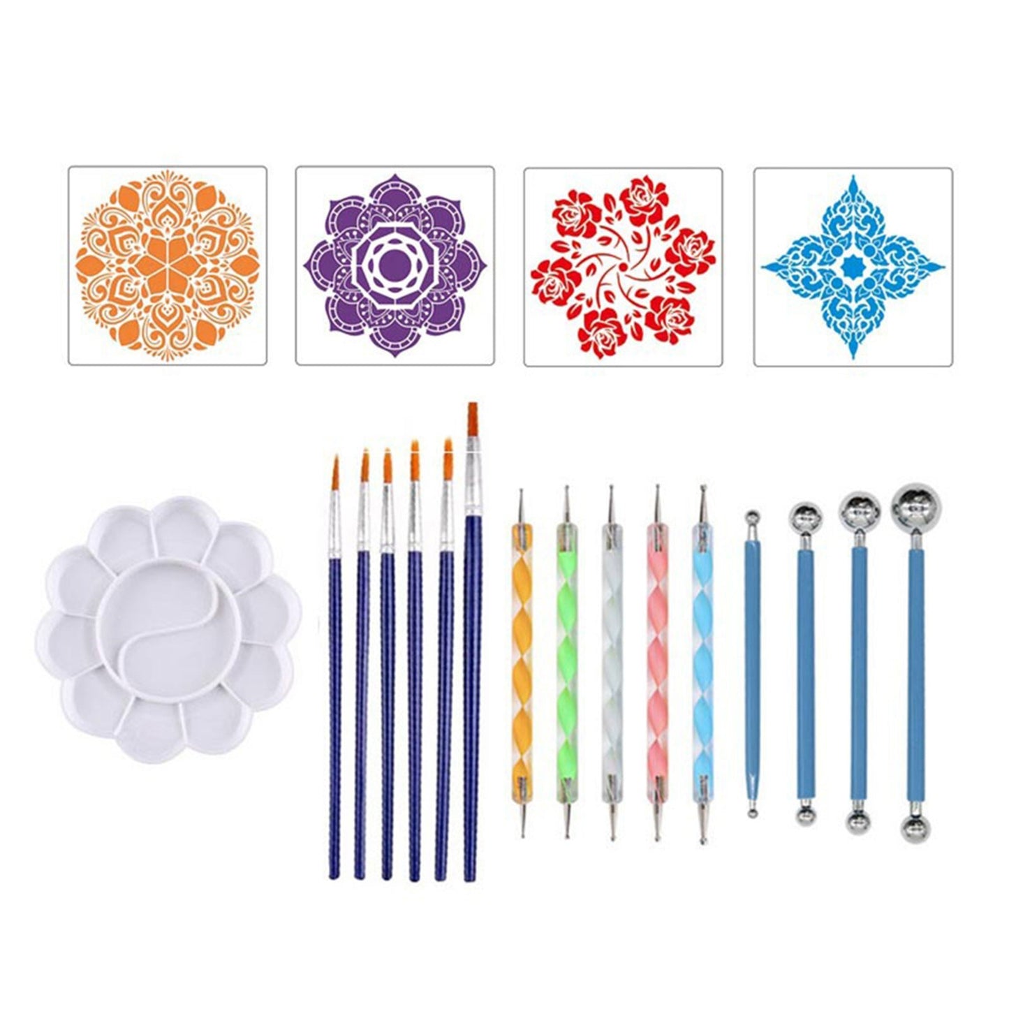 Mandala Dotting Tools 20-Piece Set: DIY Stencils, Ball Stylus, Palette & Paint Brushes for Canvas, Rocks & Crafting Art Supplies