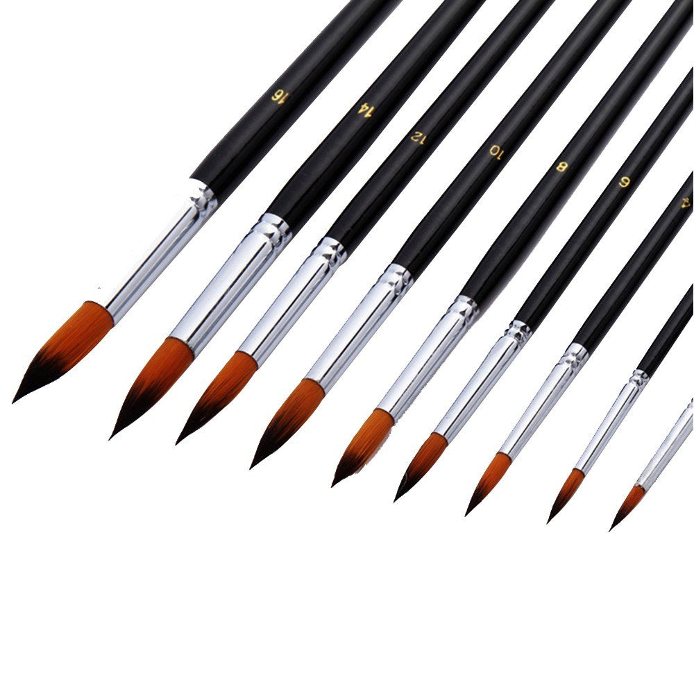 9pcs Professional Artist Paint Brush Set - Long Wooden Handle, Nylon Hair, Flat Tip for Acrylic, Oil, Watercolor, Gouache