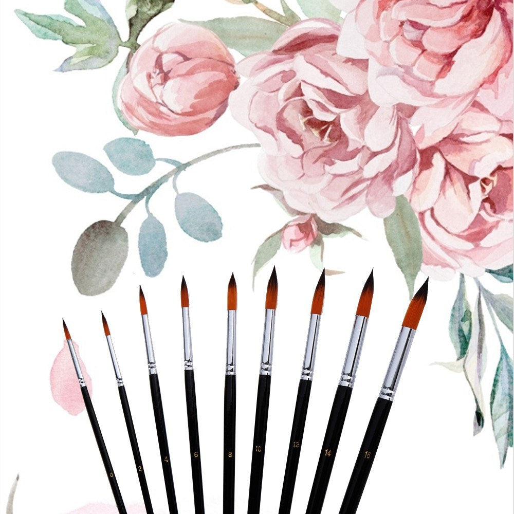 9pcs Professional Artist Paint Brush Set - Long Wooden Handle, Nylon Hair, Flat Tip for Acrylic, Oil, Watercolor, Gouache