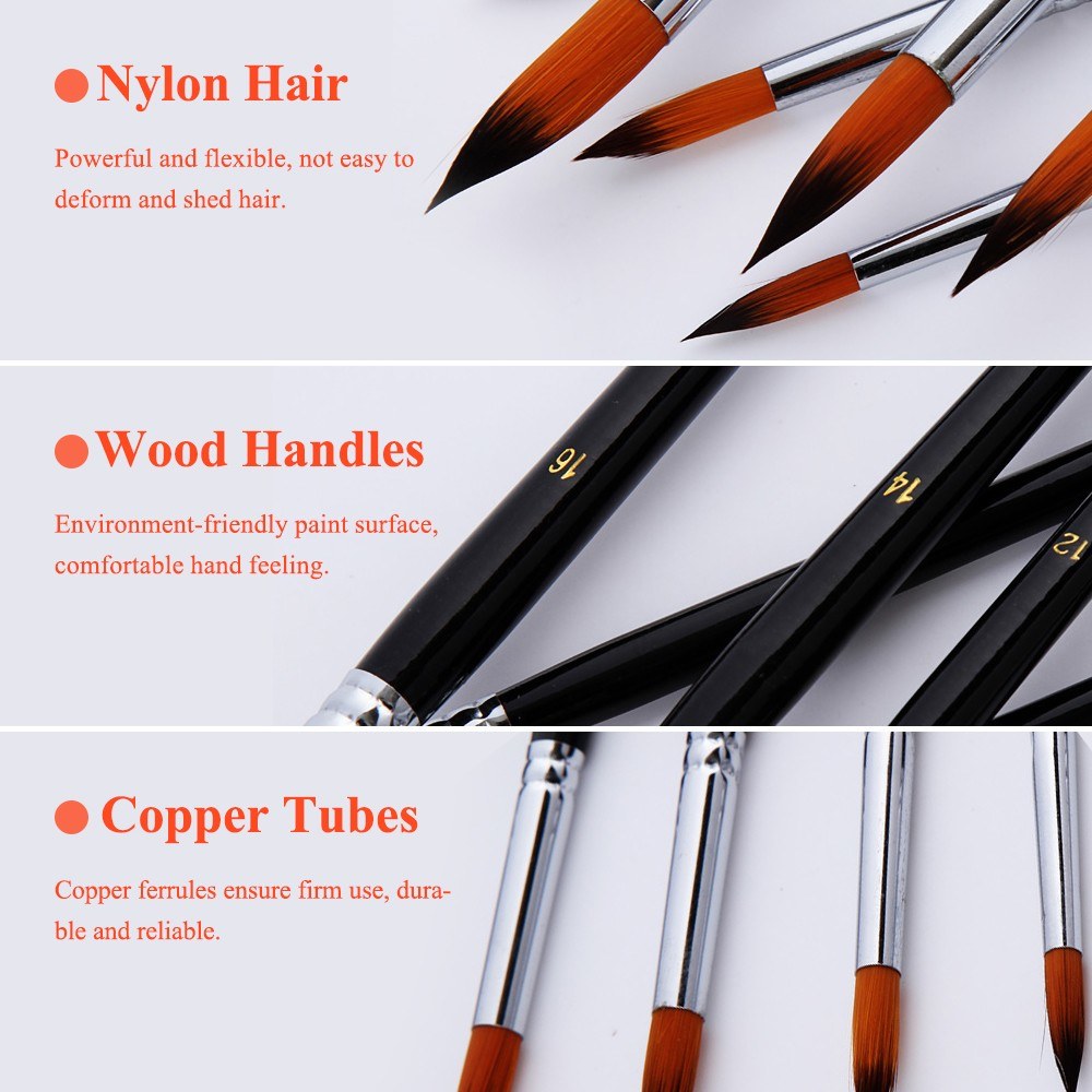 9pcs Professional Artist Paint Brush Set - Long Wooden Handle, Nylon Hair, Flat Tip for Acrylic, Oil, Watercolor, Gouache