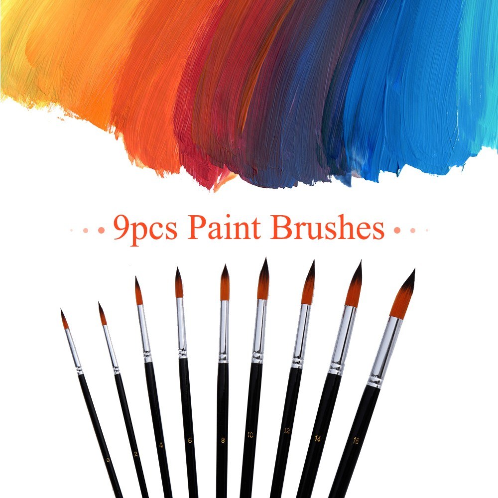 9pcs Professional Artist Paint Brush Set - Long Wooden Handle, Nylon Hair, Flat Tip for Acrylic, Oil, Watercolor, Gouache