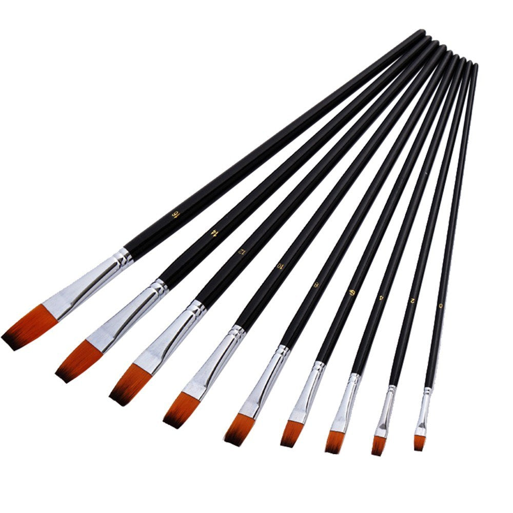 9pcs Professional Artist Paint Brush Set - Long Wooden Handle, Nylon Hair, Flat Tip for Acrylic, Oil, Watercolor, Gouache