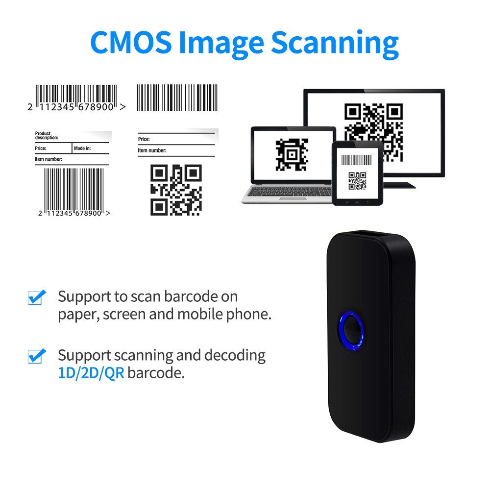 3-in-1 Wireless & USB Handheld Barcode Scanner: 1D/2D/QR Code Reader for Windows, Android, Mac, iOS - Ideal for Retail, Logistics, Warehouse