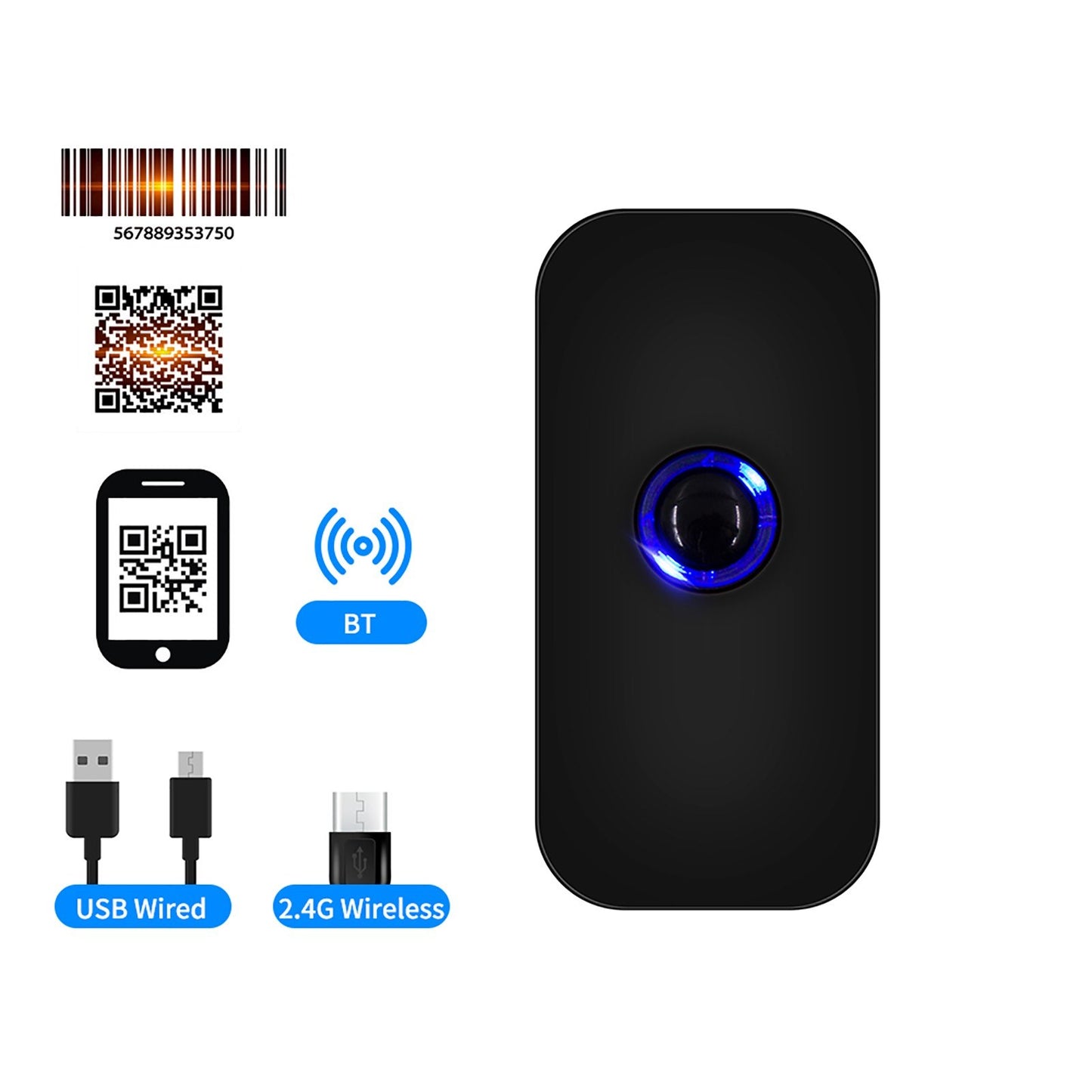 3-in-1 Wireless & USB Handheld Barcode Scanner: 1D/2D/QR Code Reader for Windows, Android, Mac, iOS - Ideal for Retail, Logistics, Warehouse