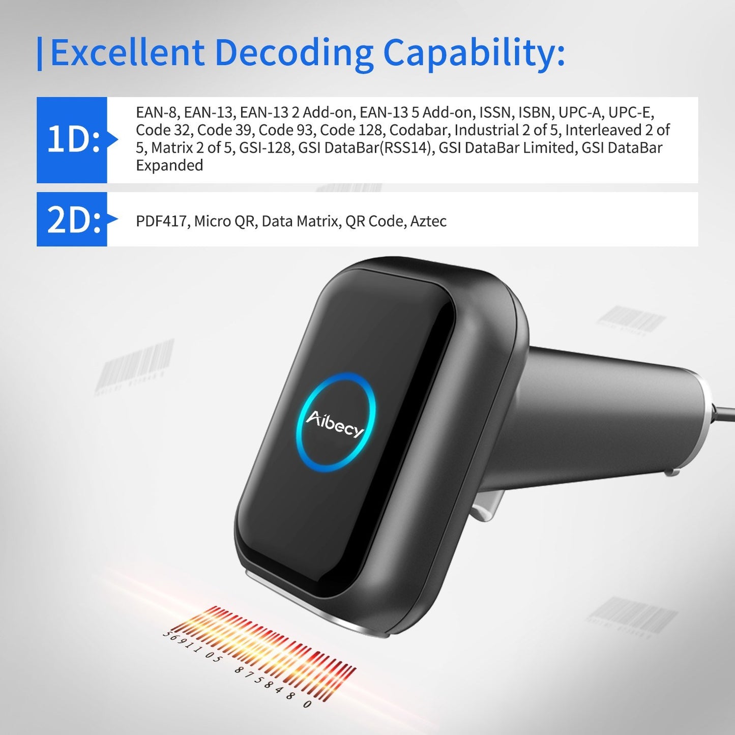 Aibecy 1D/2D QR Code High Speed Barcode Scanner