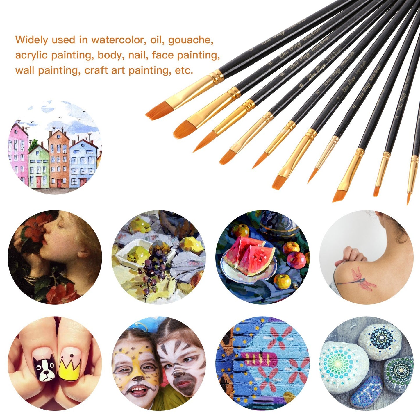 10pcs Nylon Paint Brushes Set for Artists