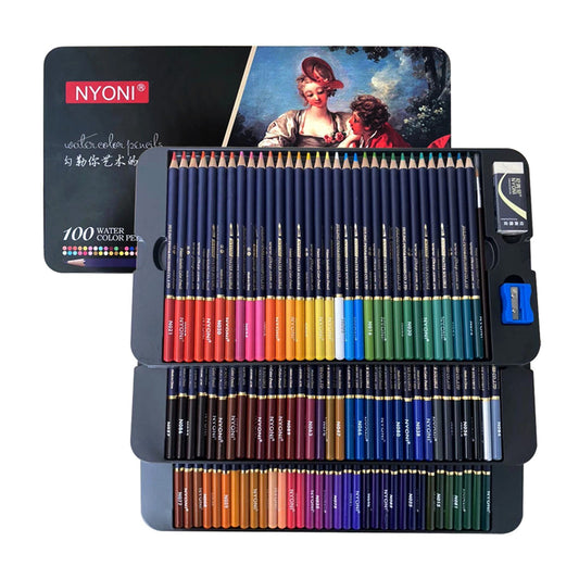 NYONI Watercolor Pencils Set - 12 to 100 Colors, Water-Soluble with Brush & Metal Box for Artists, Students & Adults - Drawing, Sketching, Painting, Coloring