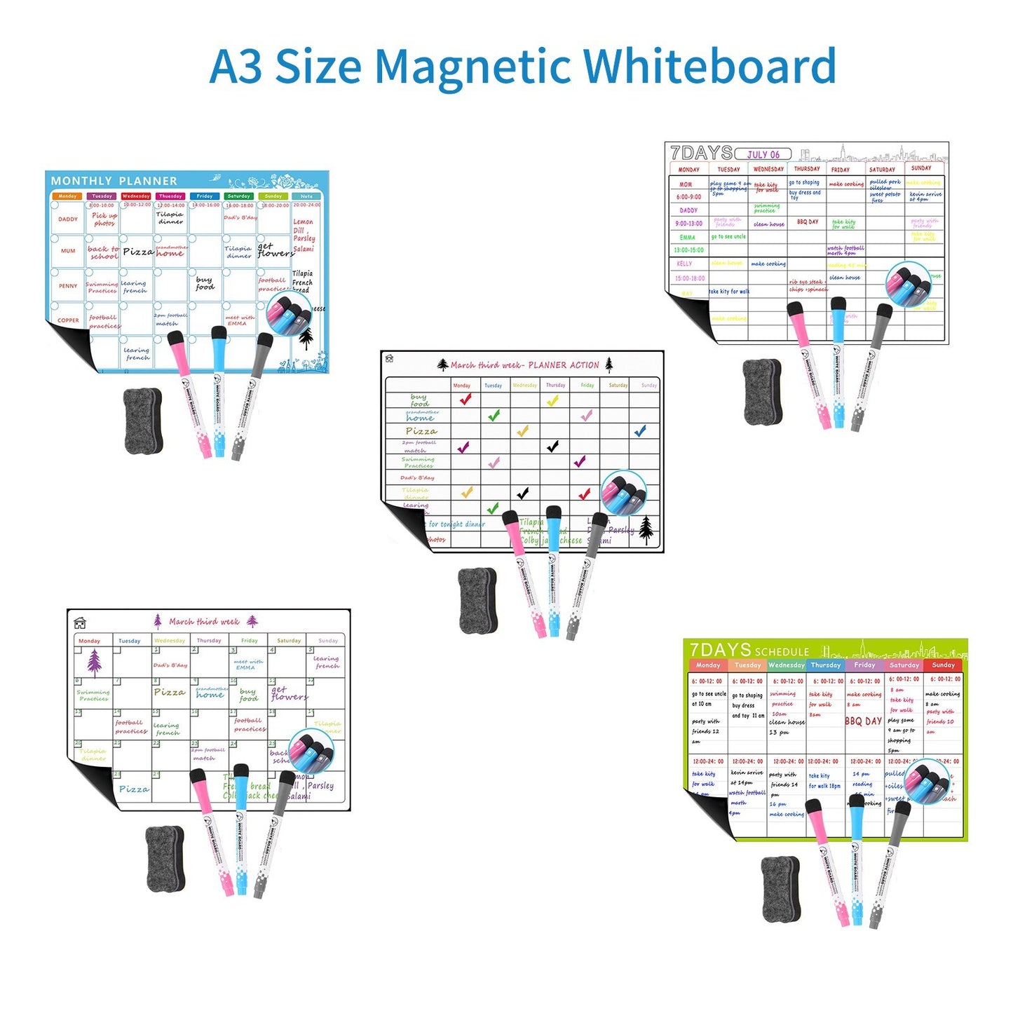 A3 Magnetic Dry Erase Calendar Whiteboard for Fridge: Weekly & Monthly Planner Set with 3 Pens & Eraser (16.5x11.8in)