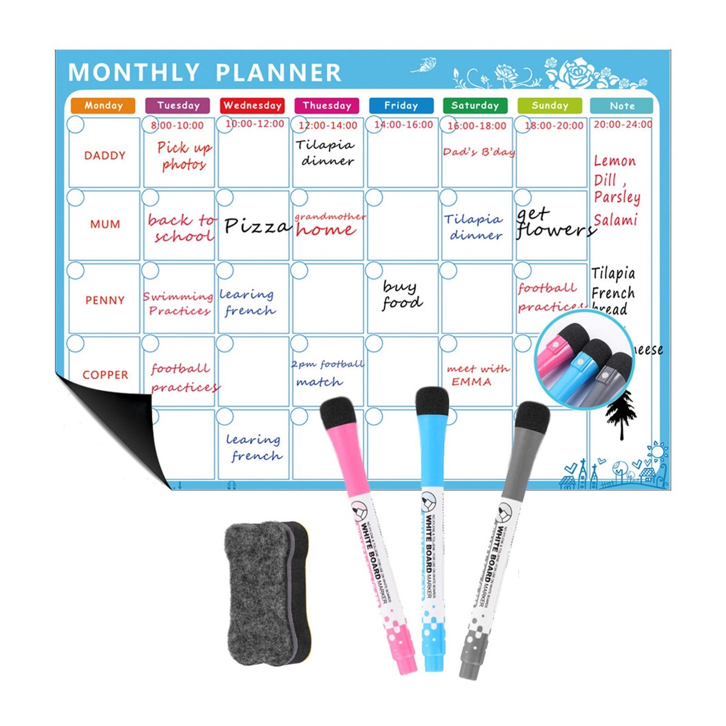 A3 Magnetic Dry Erase Calendar Whiteboard for Fridge: Weekly & Monthly Planner Set with 3 Pens & Eraser (16.5x11.8in)