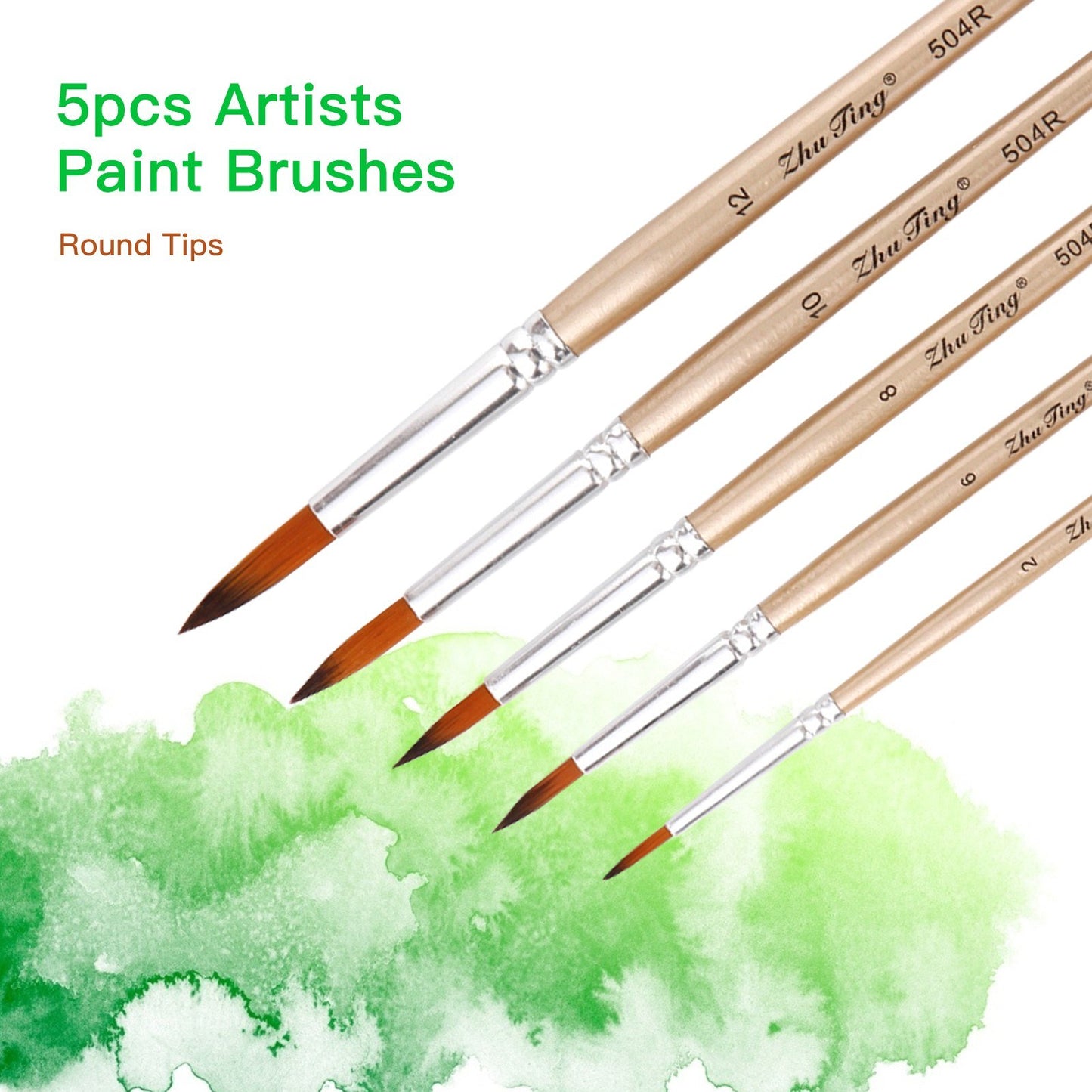 5pcs Round Tip Nylon Paint Brushes Set with Wooden Handles for Acrylic, Oil, Watercolor, Gouache, Nail & Face Detailing - Ideal for Artists, Children, Adults & Beginners