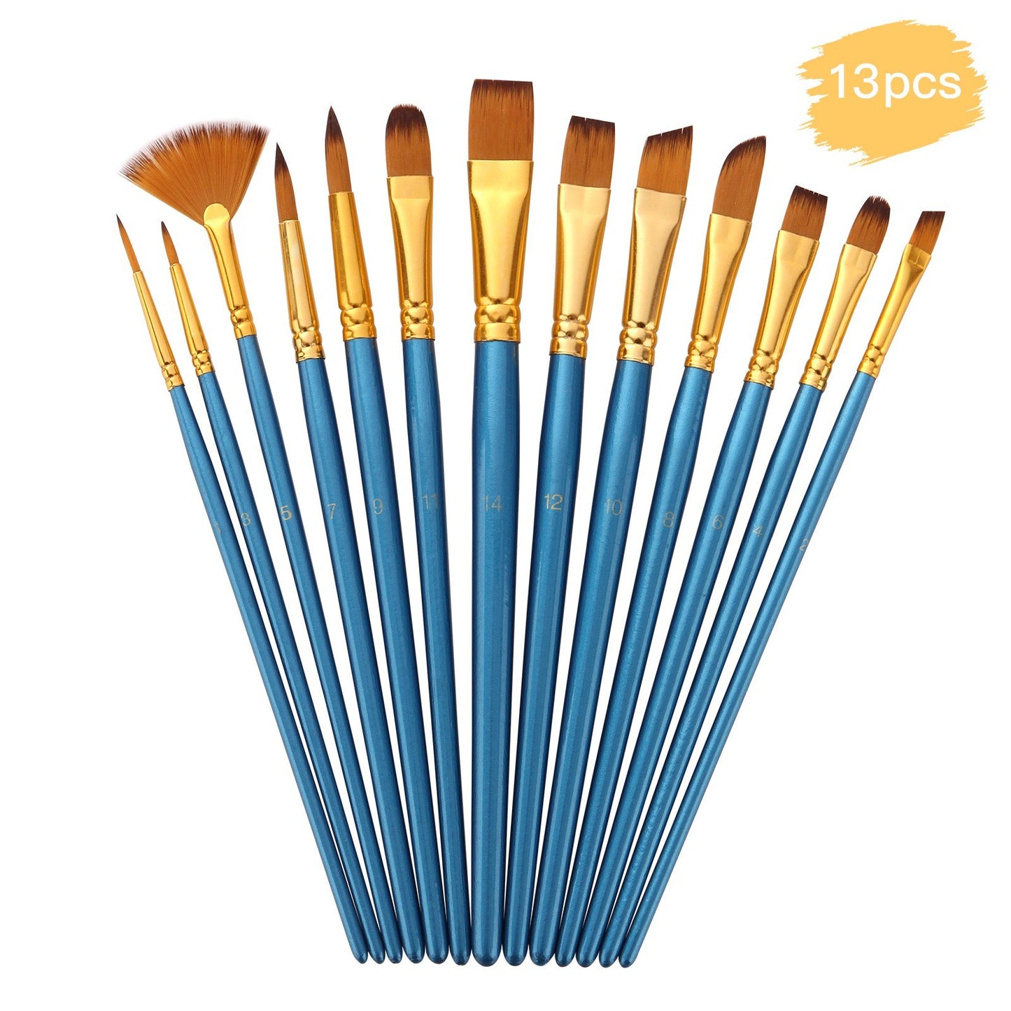 13pcs Nylon Hair Paint Brushes Set with Wooden Handle for Artists & Beginners - Acrylic, Oil, Watercolor, Gouache, Nail, Body, Face, and Miniature Detail Art