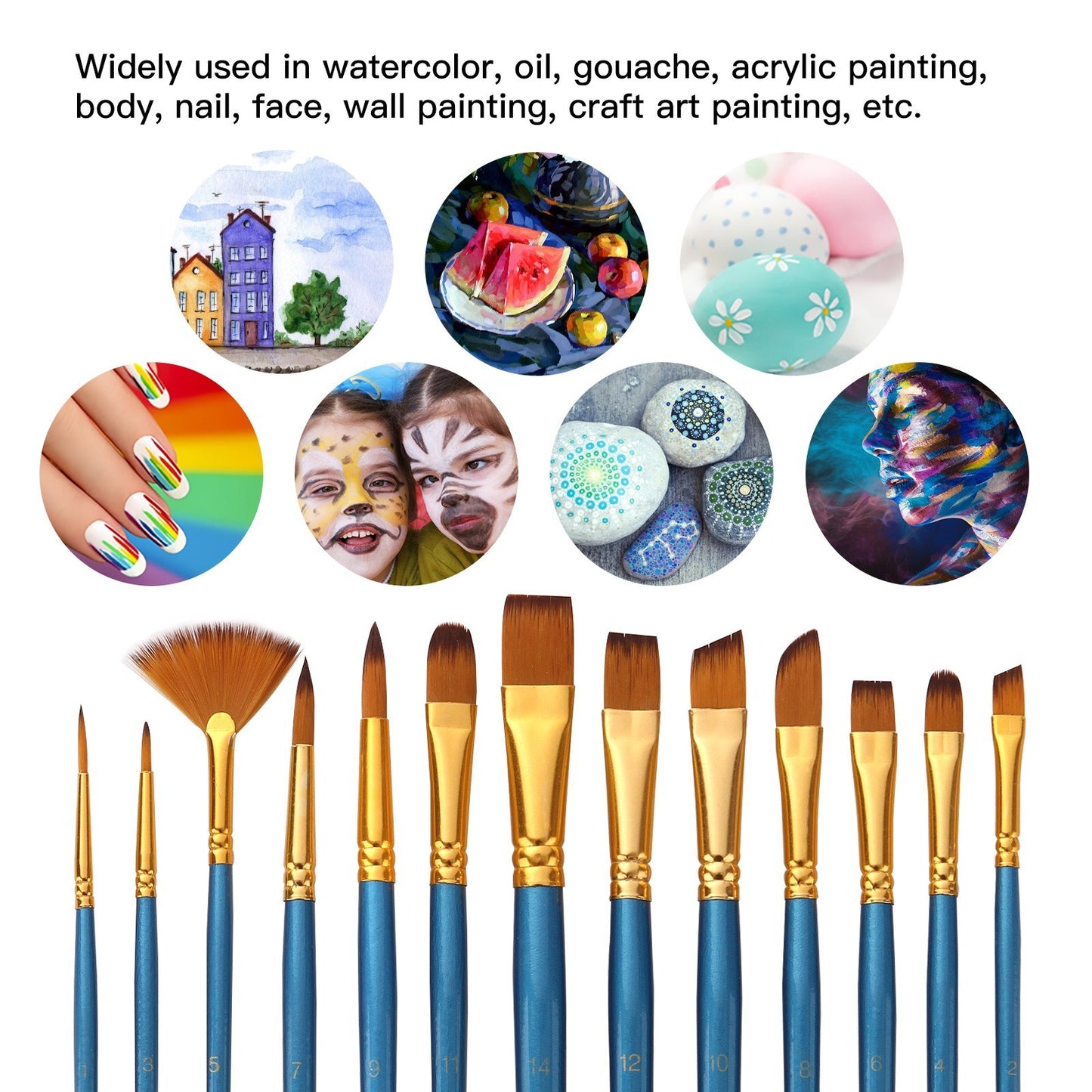 13pcs Nylon Hair Paint Brushes Set with Wooden Handle for Artists & Beginners - Acrylic, Oil, Watercolor, Gouache, Nail, Body, Face, and Miniature Detail Art