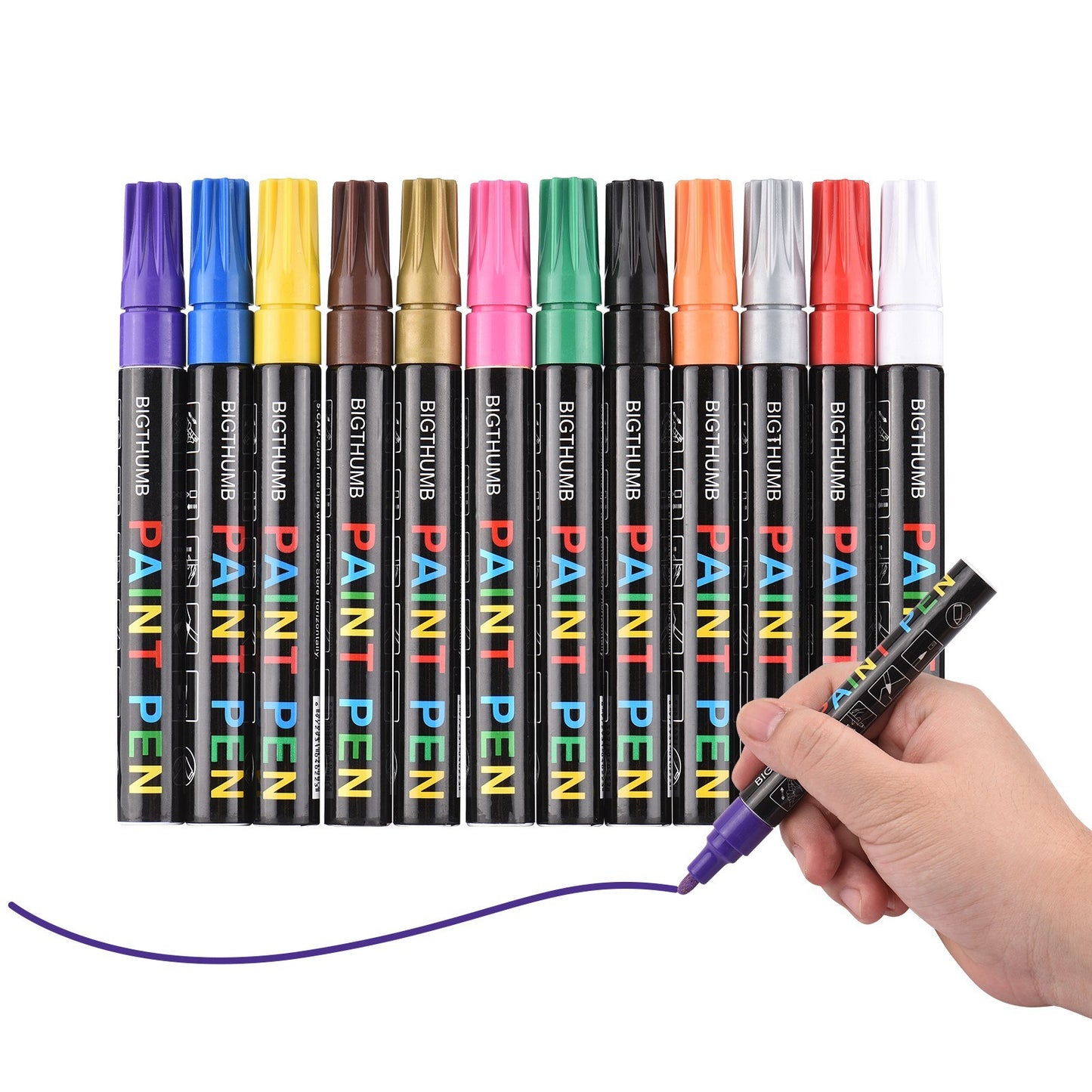 BIGTHUMB Oil-Based Paint Marker Set 12 Colors - Waterproof & Quick-Dry for Rocks, Glass, Plastic, Ceramic, Wood, Metal & DIY Crafts