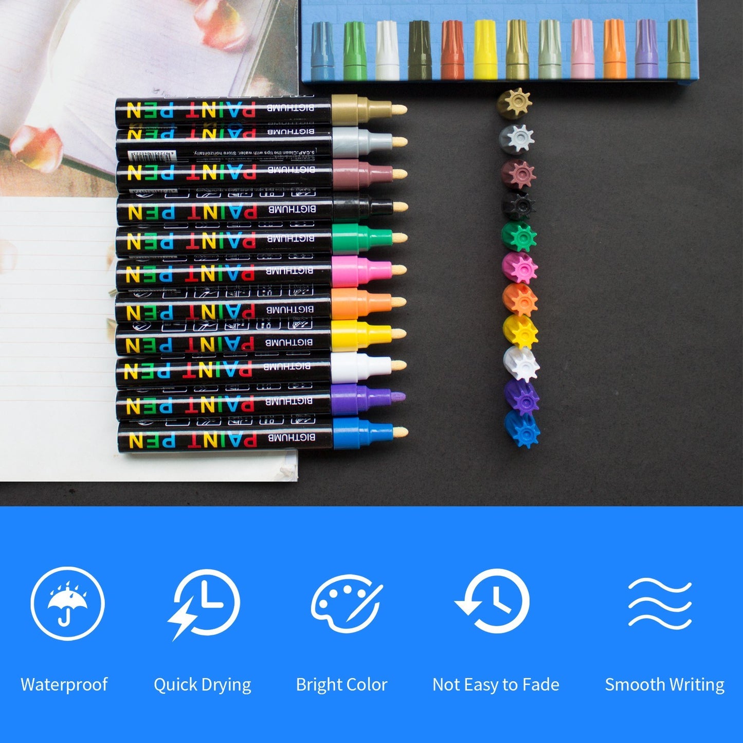 BIGTHUMB Oil-Based Paint Marker Set 12 Colors - Waterproof & Quick-Dry for Rocks, Glass, Plastic, Ceramic, Wood, Metal & DIY Crafts