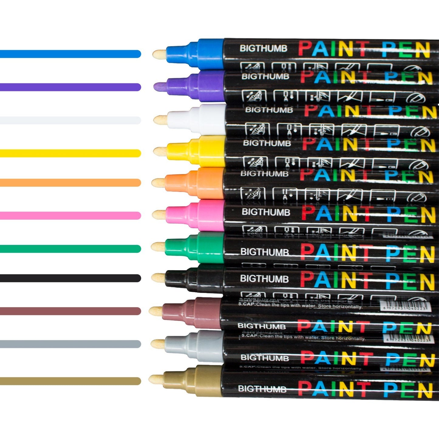 BIGTHUMB Oil-Based Paint Marker Set 12 Colors - Waterproof & Quick-Dry for Rocks, Glass, Plastic, Ceramic, Wood, Metal & DIY Crafts