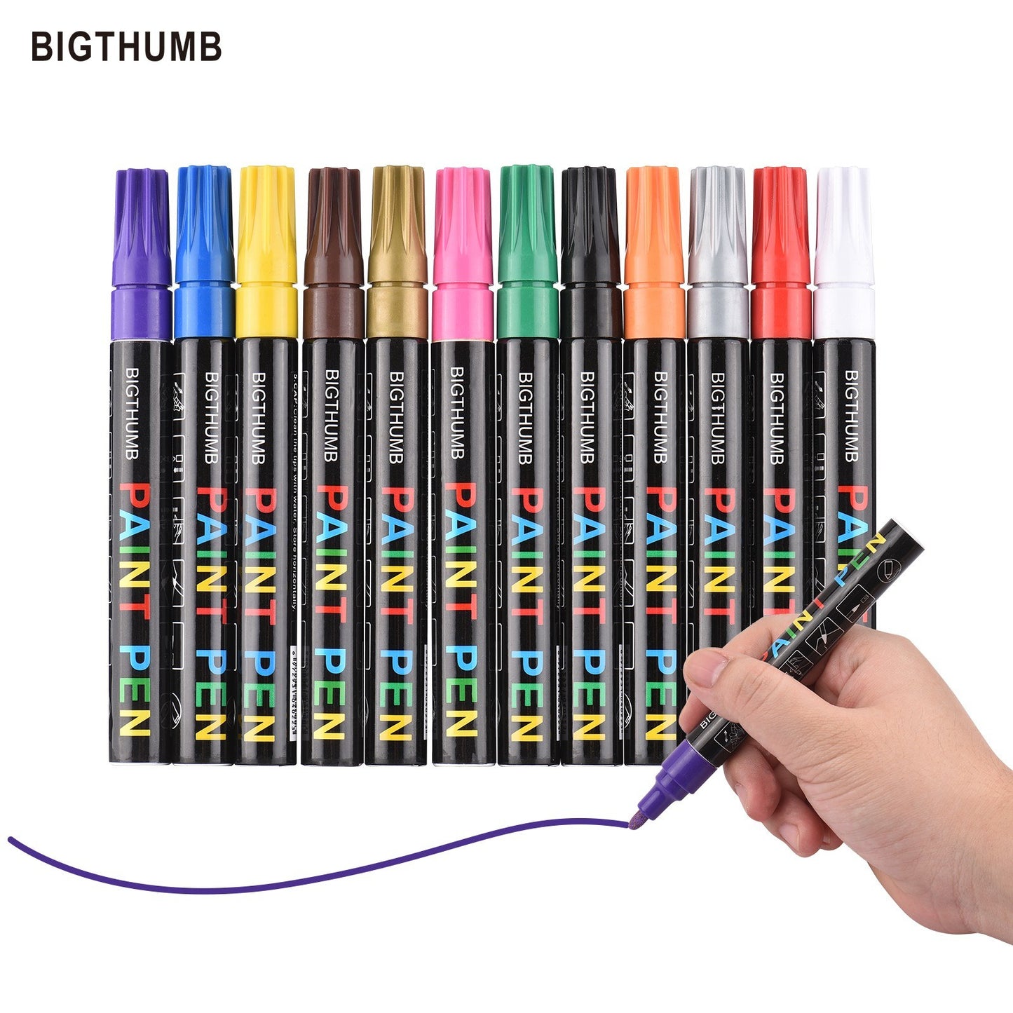 BIGTHUMB Oil-Based Paint Marker Set 12 Colors - Waterproof & Quick-Dry for Rocks, Glass, Plastic, Ceramic, Wood, Metal & DIY Crafts